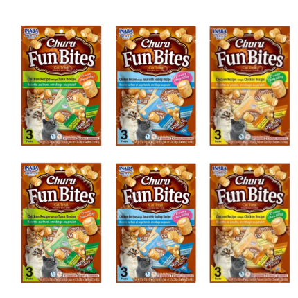 PACK DE 6 INABA CHURU FUN BITES SNACKS – 2 DE CADA SABOR (POLLO CON ATÚN, POLLO CON ATÚN Y VIEIRA, POLLO)